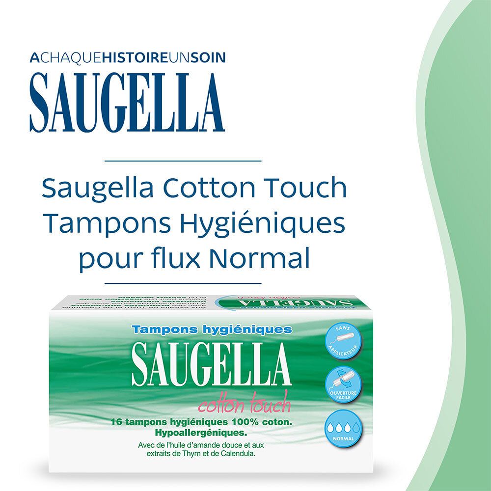 SAUGELLA Cotton Touch Tampons hygiéniques pour flux normal. Boîte avec logo et nom du produit. Fond vert et blanc.