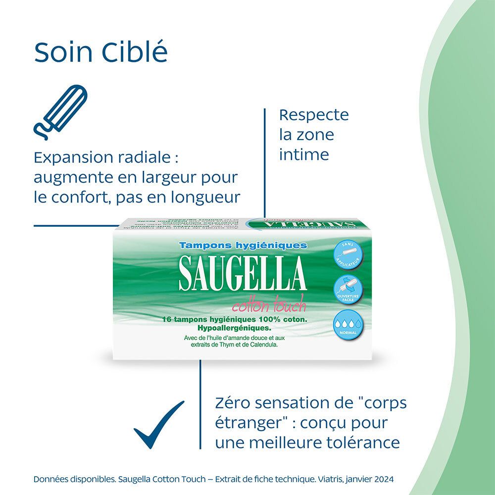 SAUGELLA Tampons : expansion radiale, confort, pas de sensation de corps étranger. Boîte de tampons SAUGELLA.
