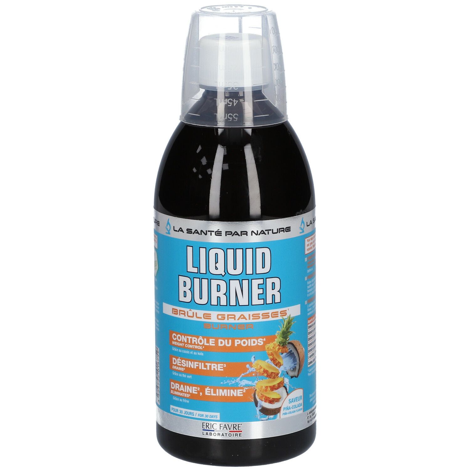 Bouteille de Liquid Burner avec bouchon doseur. Étiquettes bleues et blanches avec nom et logos. Liquide noir.