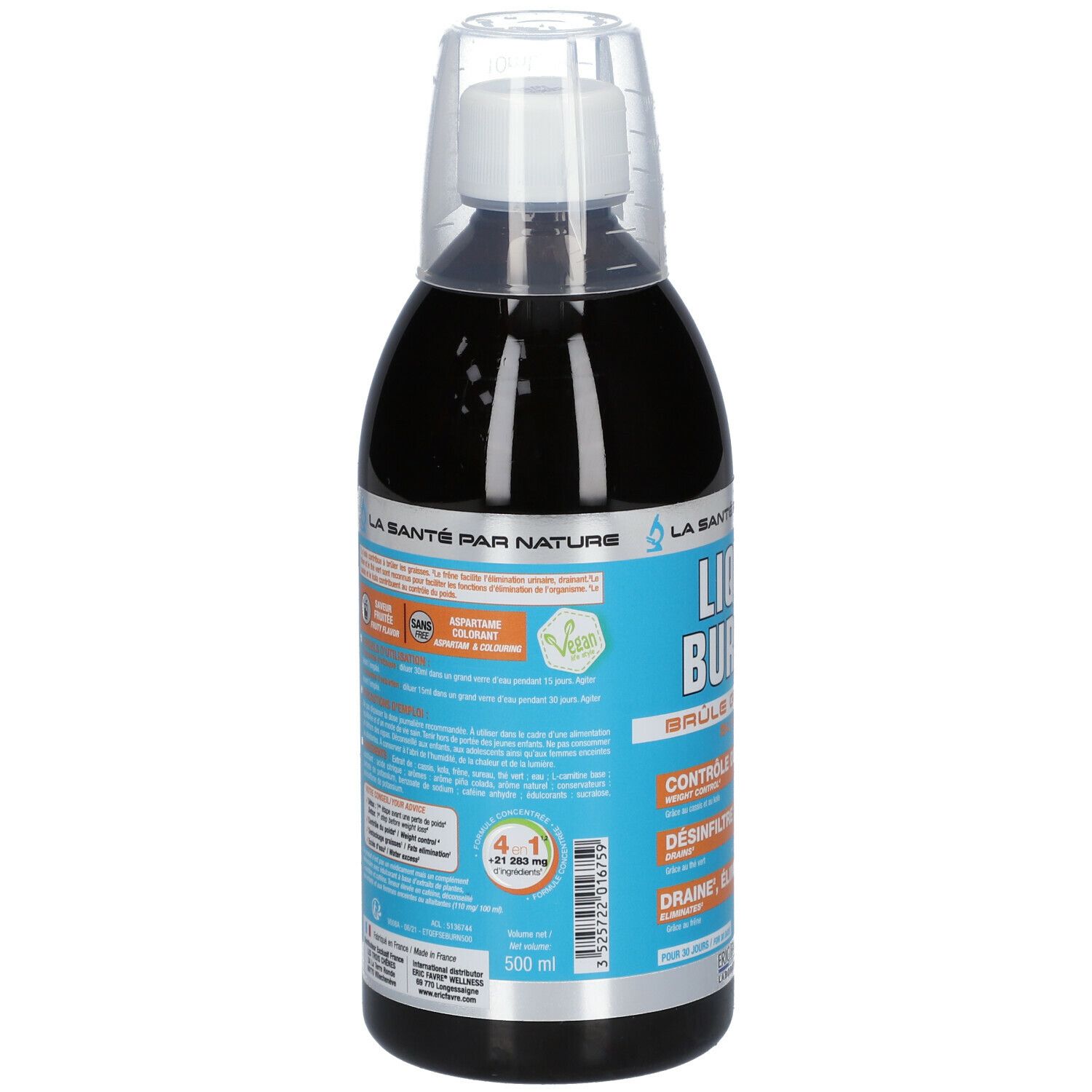 Bouteille de Liquid Burner avec bouchon doseur. Dos avec étiquettes bleues et blanches. Informations et logos.
