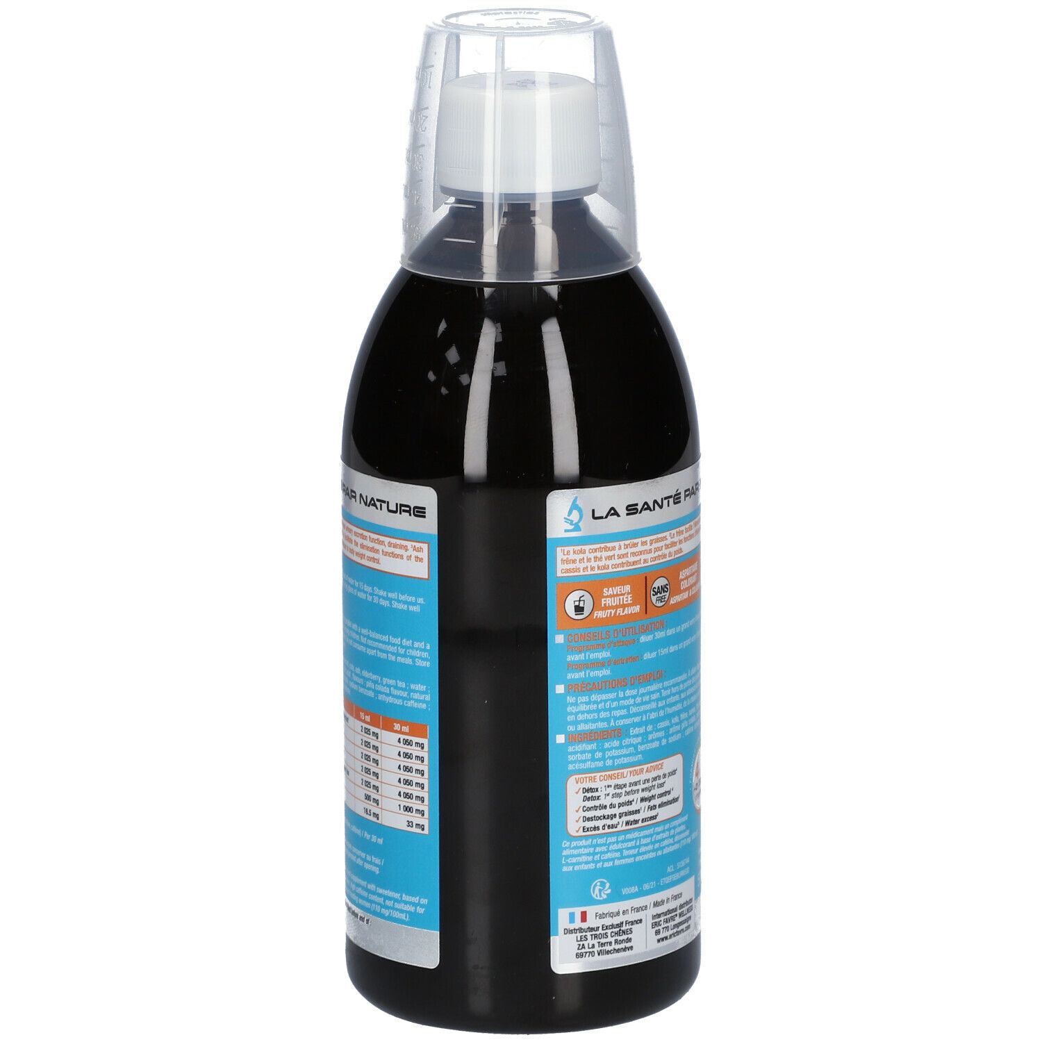 Bouteille de Liquid Burner, vue arrière. Étiquettes bleues et blanches avec informations. Liquide noir visible.