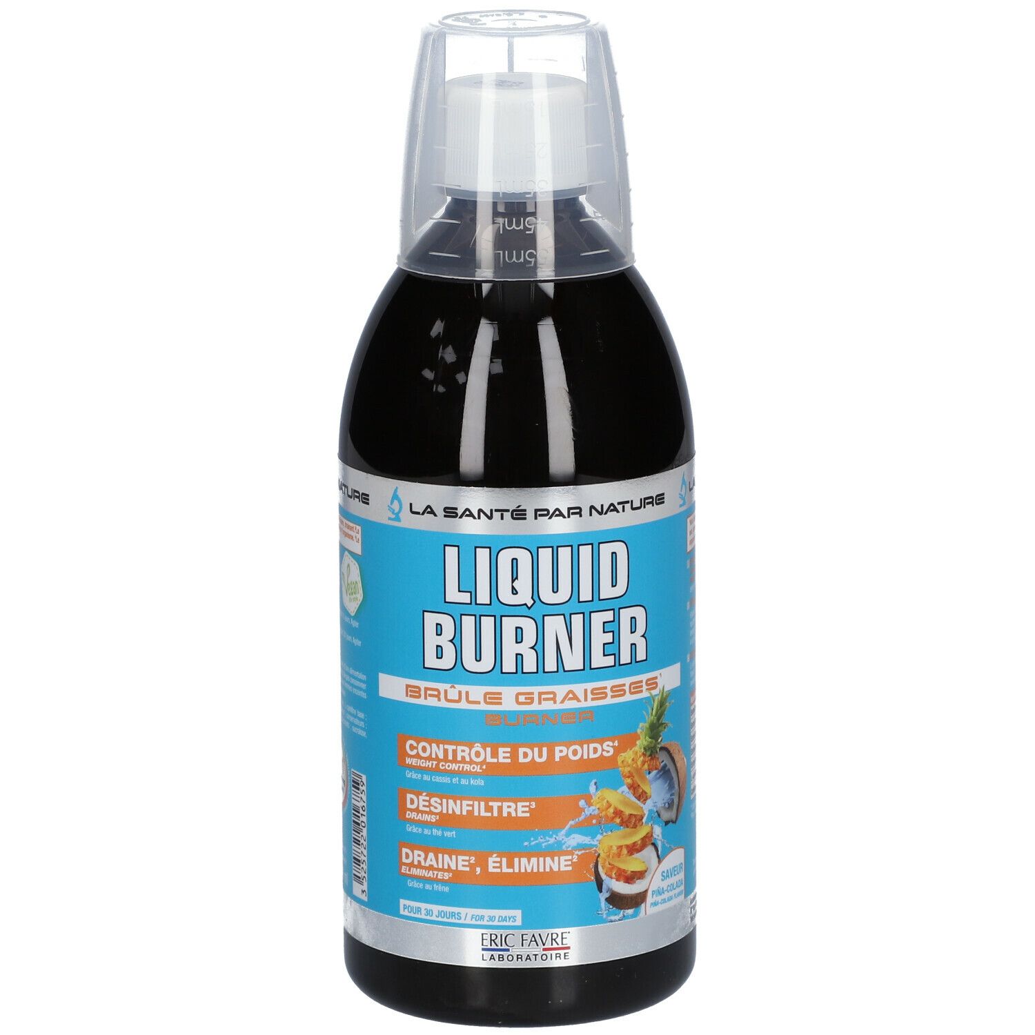 Bouteille de Liquid Burner avec bouchon doseur. Étiquettes bleues et blanches avec nom et logos. Liquide noir.
