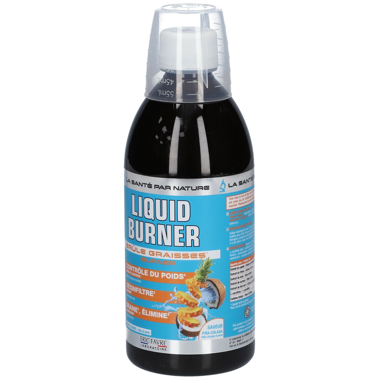 Bouteille de Liquid Burner avec bouchon doseur. Étiquettes bleues et blanches avec nom et logos. Liquide noir.