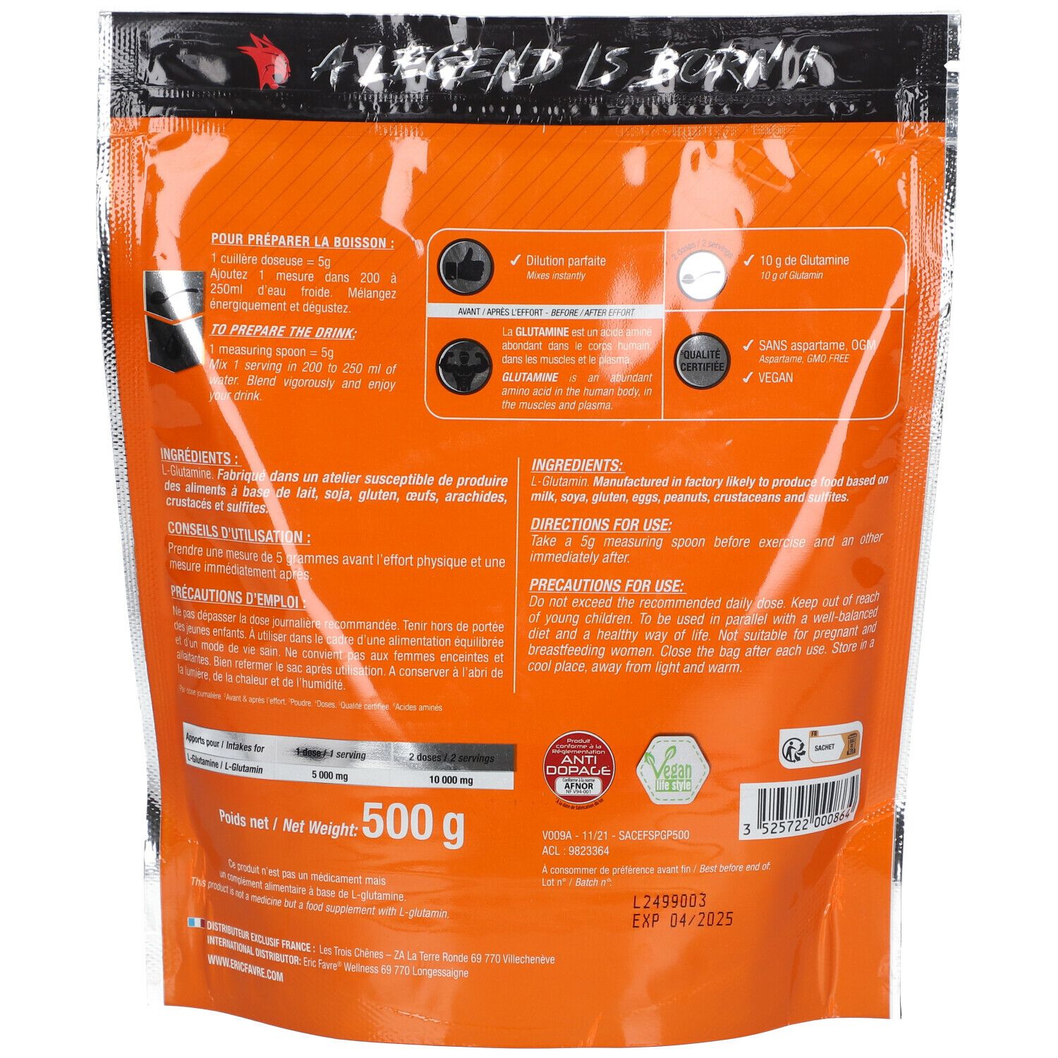 Dos du sachet ERIC FAVRE Glutamine Pro Zero. Texte, ingrédients, mode d'emploi, informations nutritionnelles.