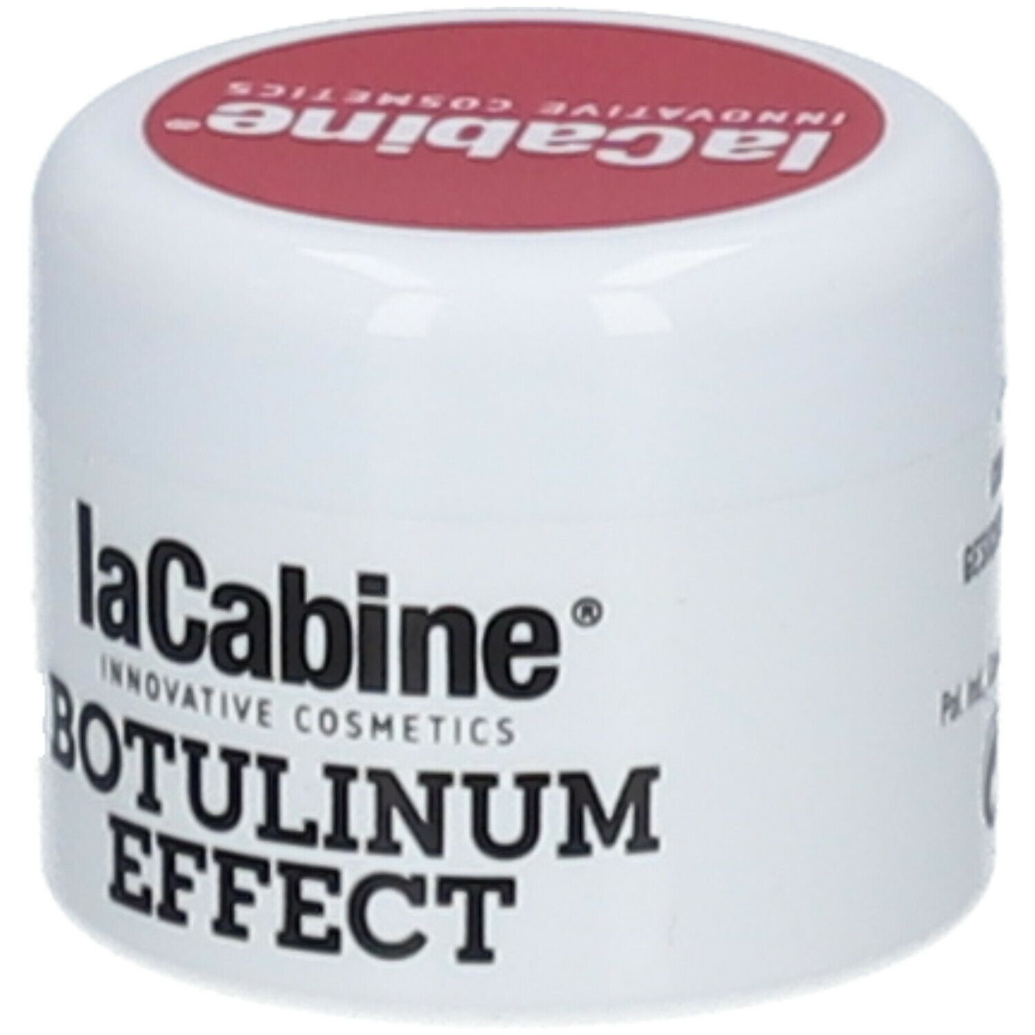 Weißer Tiegel mit rotem Deckel. Aufschrift: LaCabine BOTULINUM EFFECT. Kosmetikprodukt.