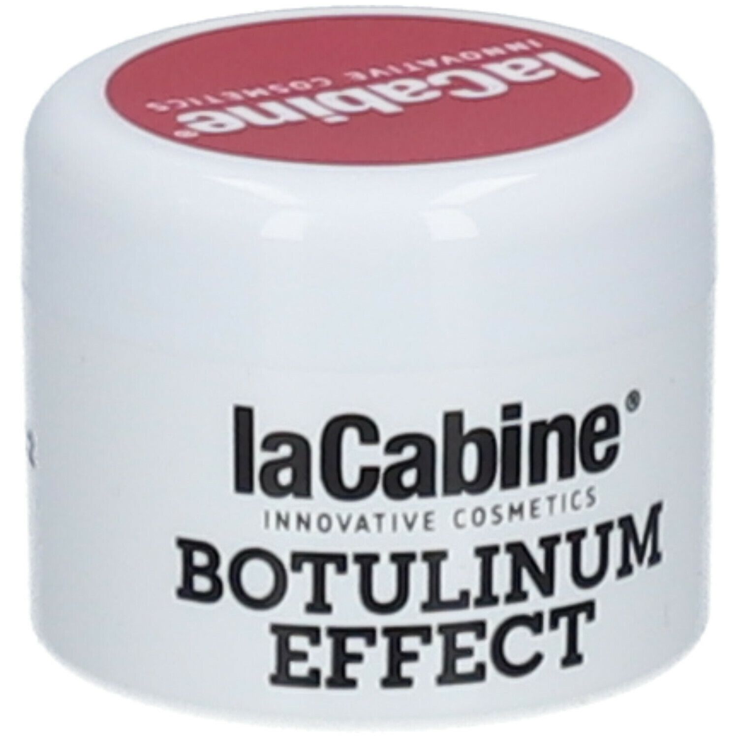 Weißer Tiegel mit rotem Deckel. Aufschrift: LaCabine BOTULINUM EFFECT. Kosmetikprodukt.
