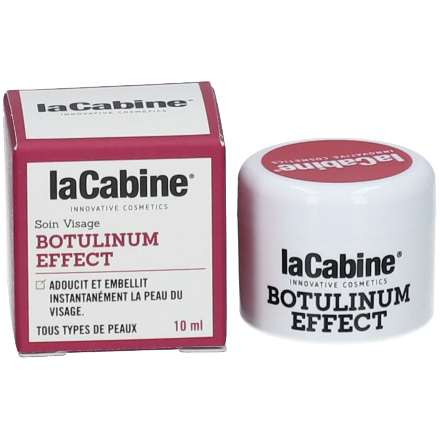 Produktverpackung und Tiegel. Aufschrift: LaCabine BOTULINUM EFFECT. 10 ml.