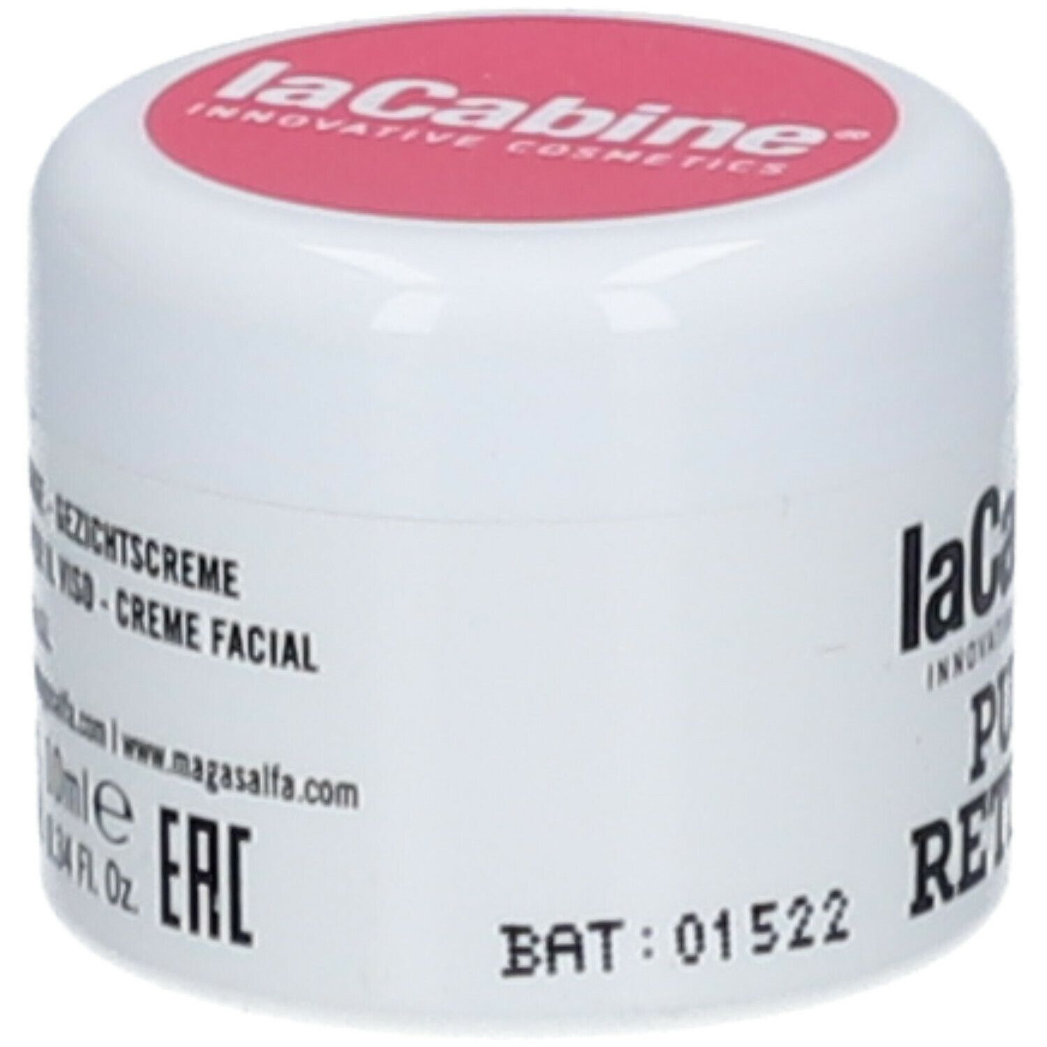 Pot blanc avec couvercle rose. Inscription : LaCabine, Pure Retinol. Nom du produit et marque clairement visibles. Texte sur le côté.