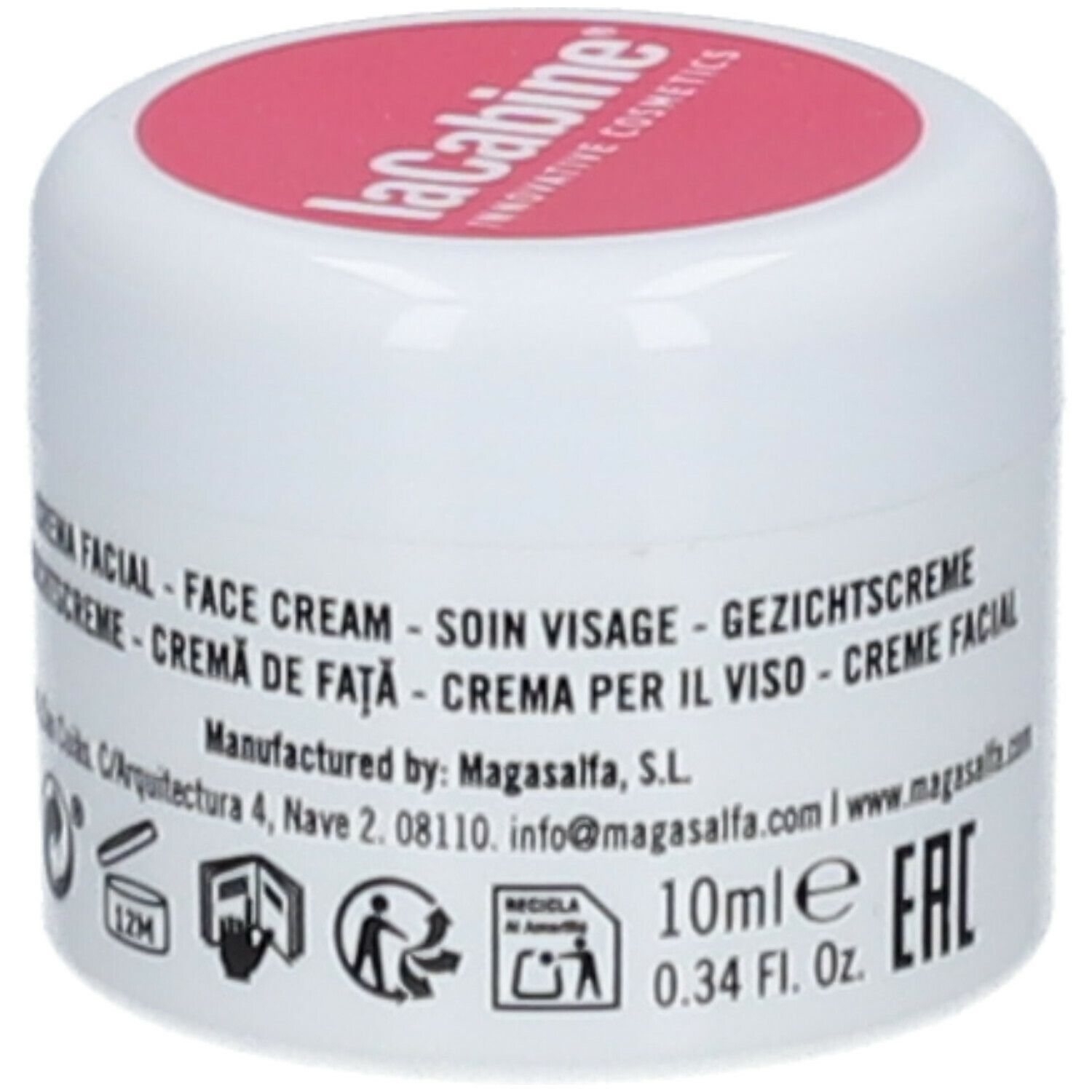 Pot blanc avec couvercle rose. Inscription : LaCabine, Pure Retinol. Nom du produit et marque clairement visibles. Texte avec ingrédients.