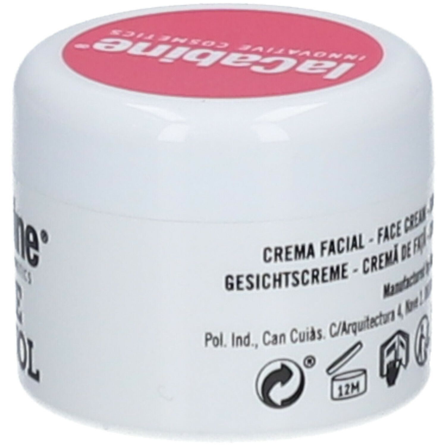 Pot blanc avec couvercle rose. Inscription : LaCabine, Pure Retinol. Nom du produit et marque clairement visibles. Texte avec ingrédients.