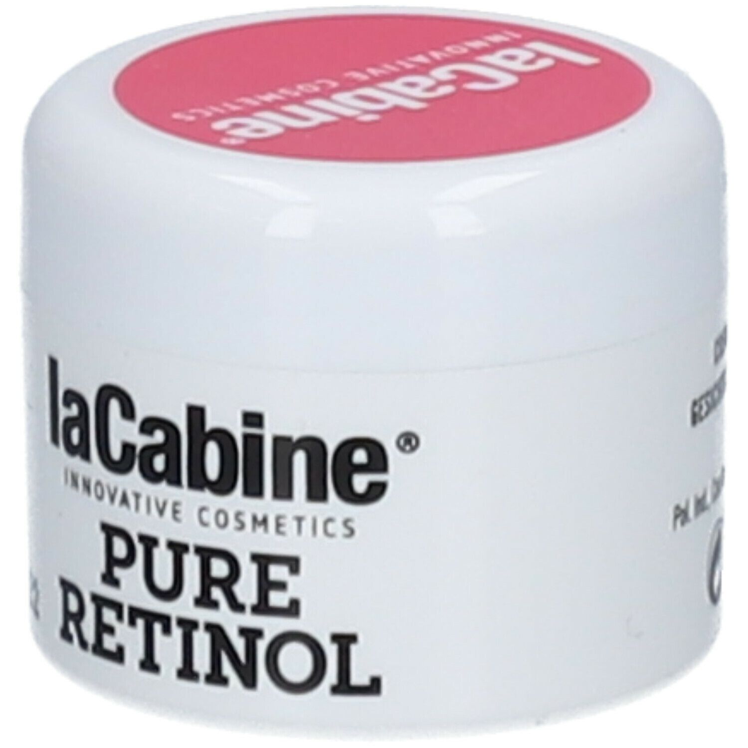 Pot blanc avec couvercle rose. Inscription : LaCabine, Pure Retinol. Nom du produit et marque clairement visibles.