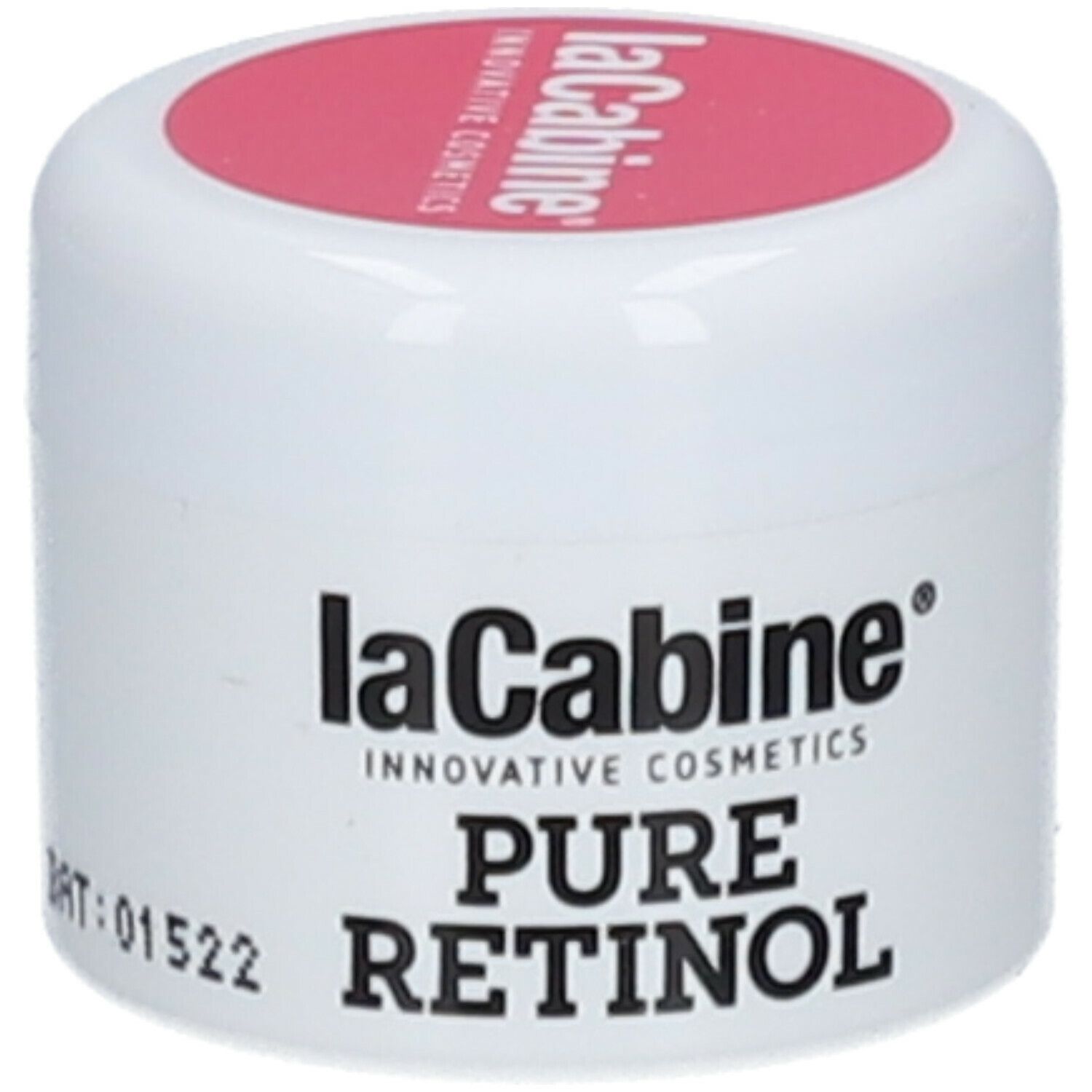 Pot blanc avec couvercle rose. Inscription : LaCabine, Pure Retinol. Nom du produit et marque clairement visibles.