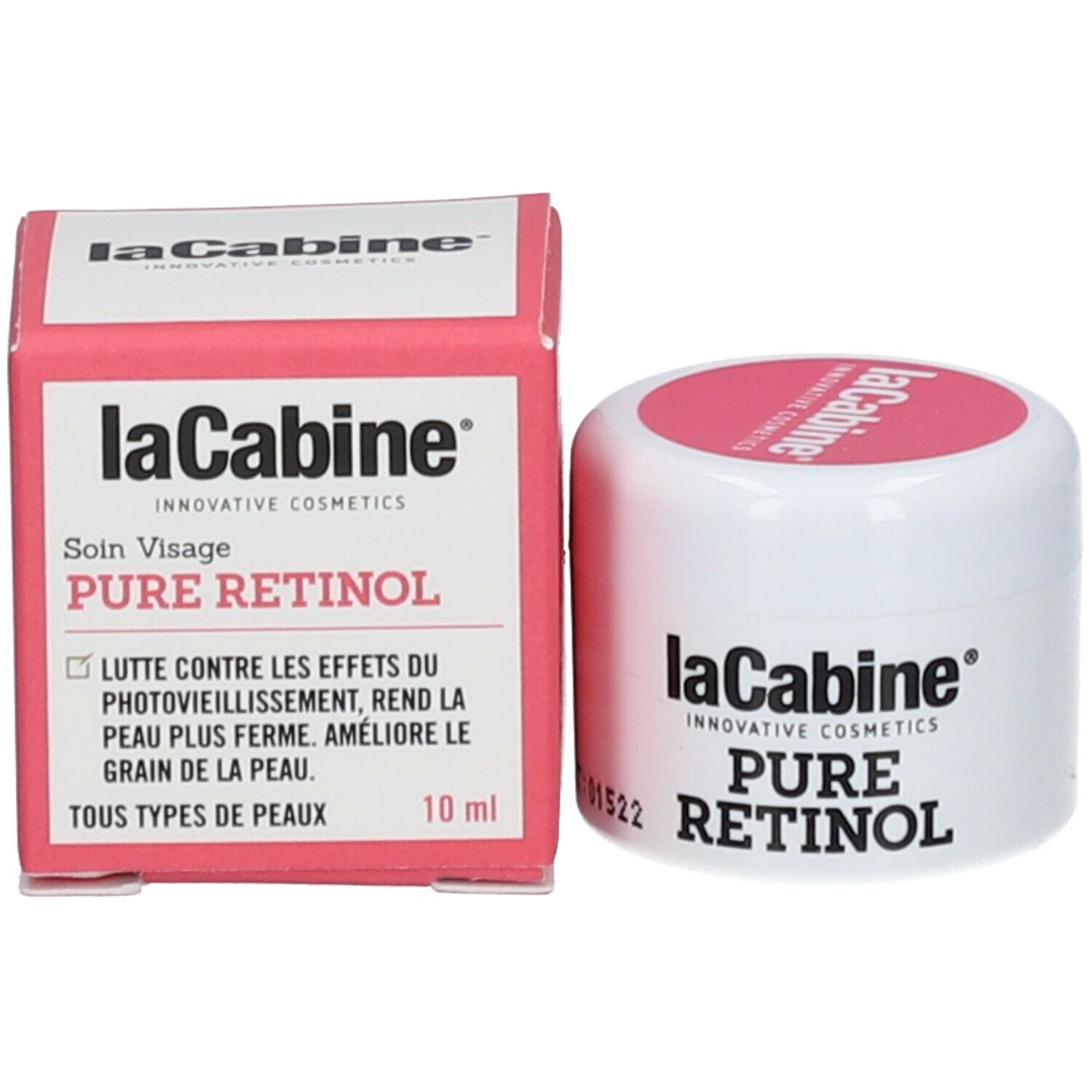 Emballage et pot du produit. Inscription : LaCabine, Pure Retinol. Nom du produit et marque clairement visibles. 10 ml.