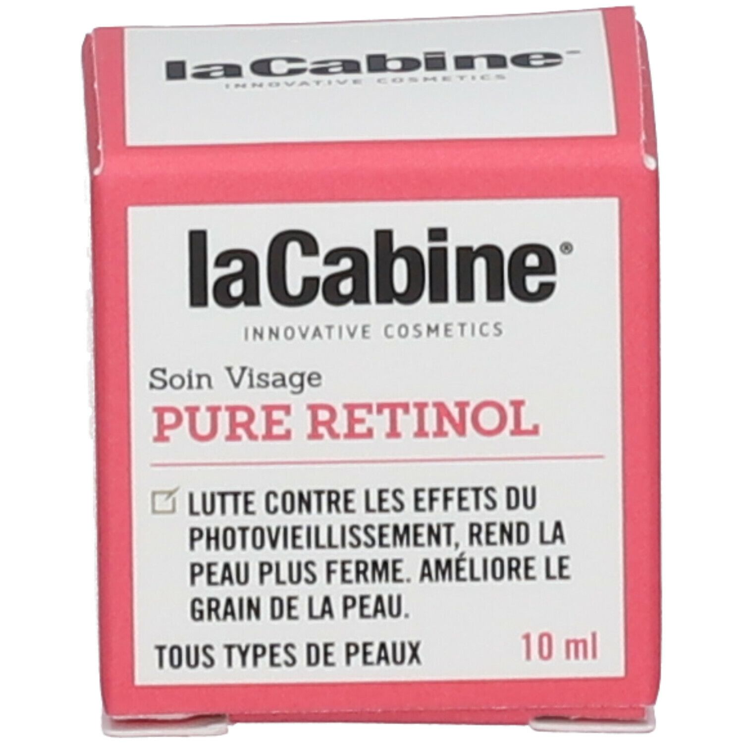 Emballage du produit. Inscription : LaCabine, Pure Retinol. Nom du produit et marque clairement visibles. 10 ml.
