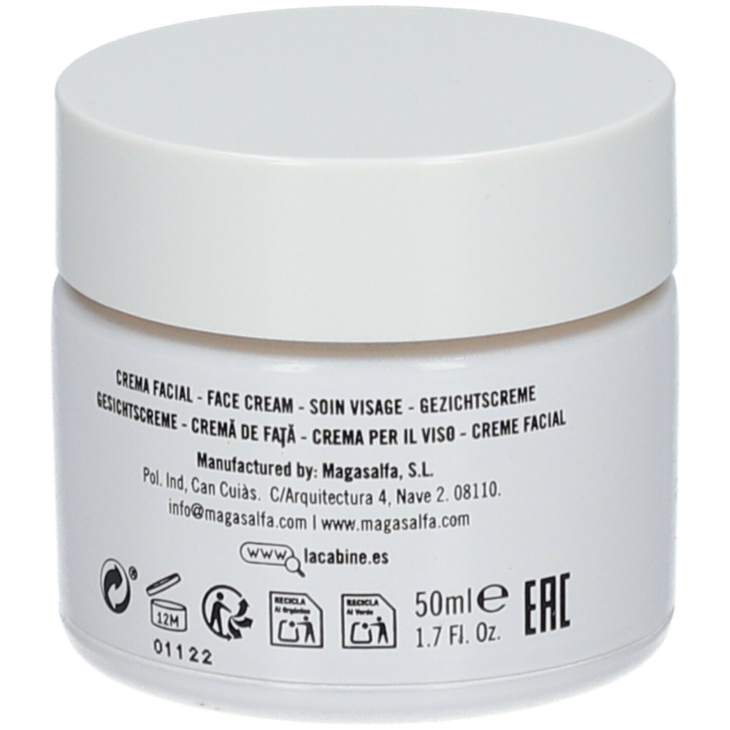 Pot blanc avec couvercle. Inscription: Crème, 50ml, code EAN, adresse du fabricant.