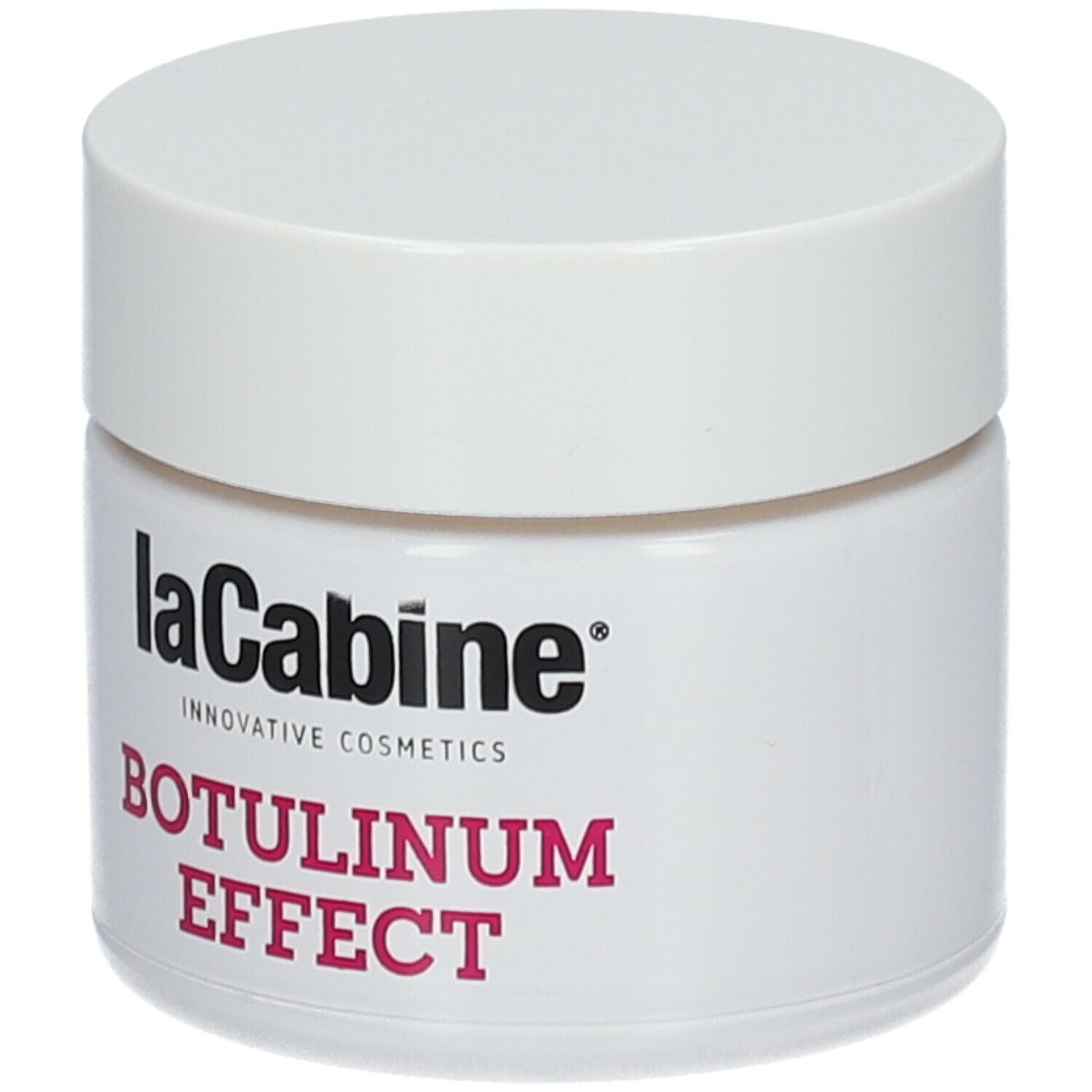 Pot blanc avec couvercle. Inscription: laCabine, BOTULINUM EFFECT.