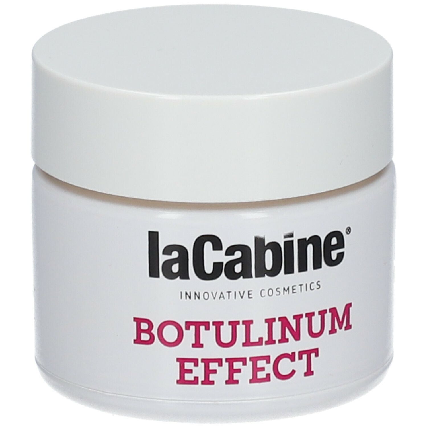 Pot blanc avec couvercle. Inscription: laCabine, BOTULINUM EFFECT.