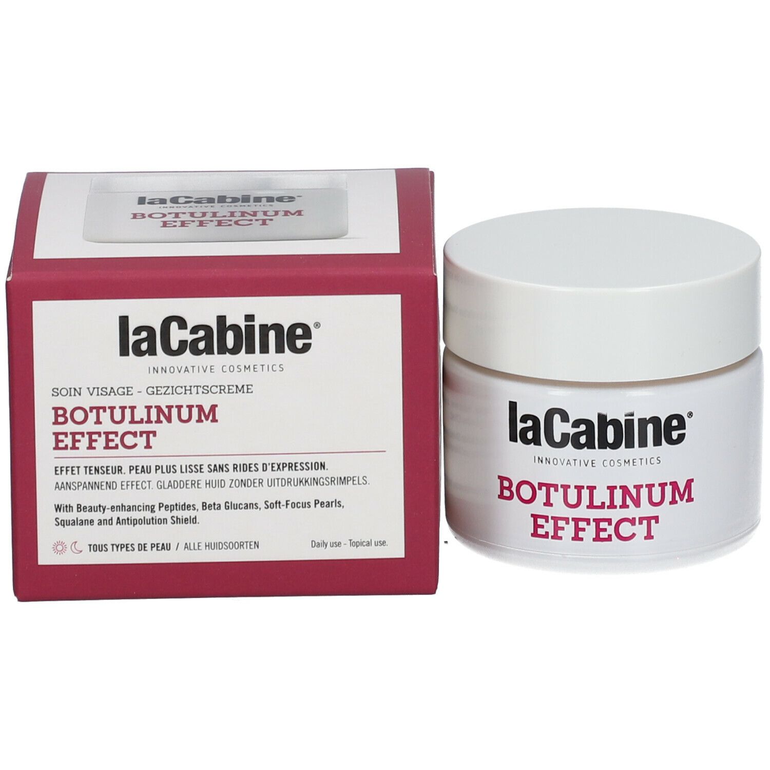 Pot de crème et boîte. Inscription: laCabine, BOTULINUM EFFECT. Texte en français et néerlandais.