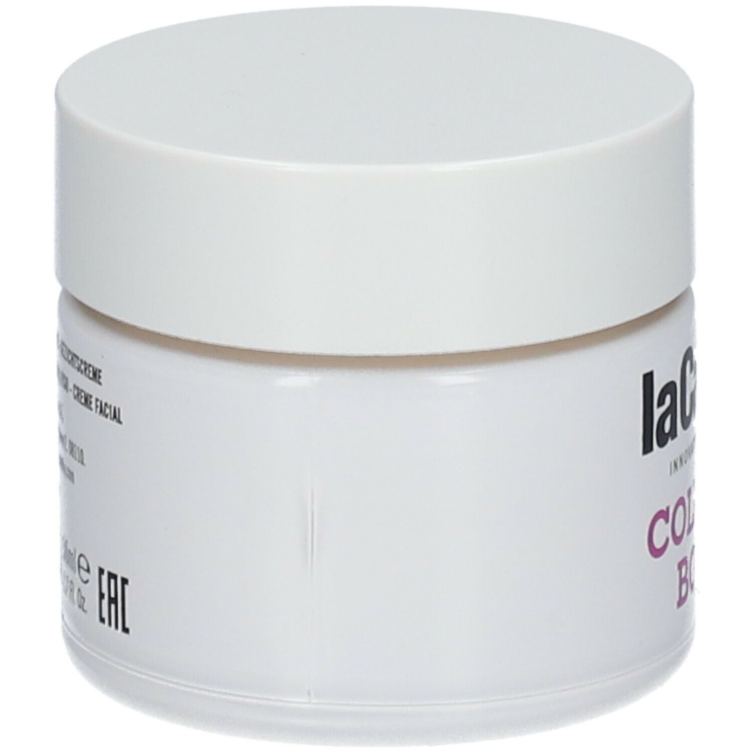 Weißes Tiegel mit Deckel. Aufschrift: laCabine, Collagen Boost. Seitliche Produktinformationen.