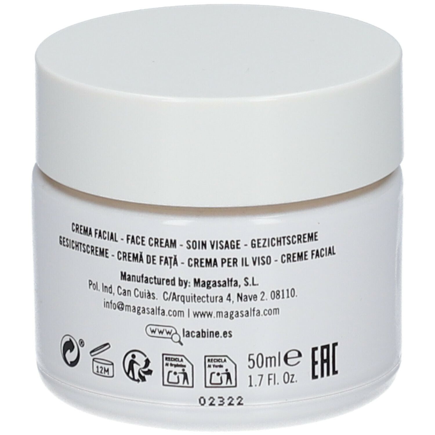 Weißes Tiegel mit Deckel. Rückseite mit Produktinformationen, Text in mehreren Sprachen, 50ml.