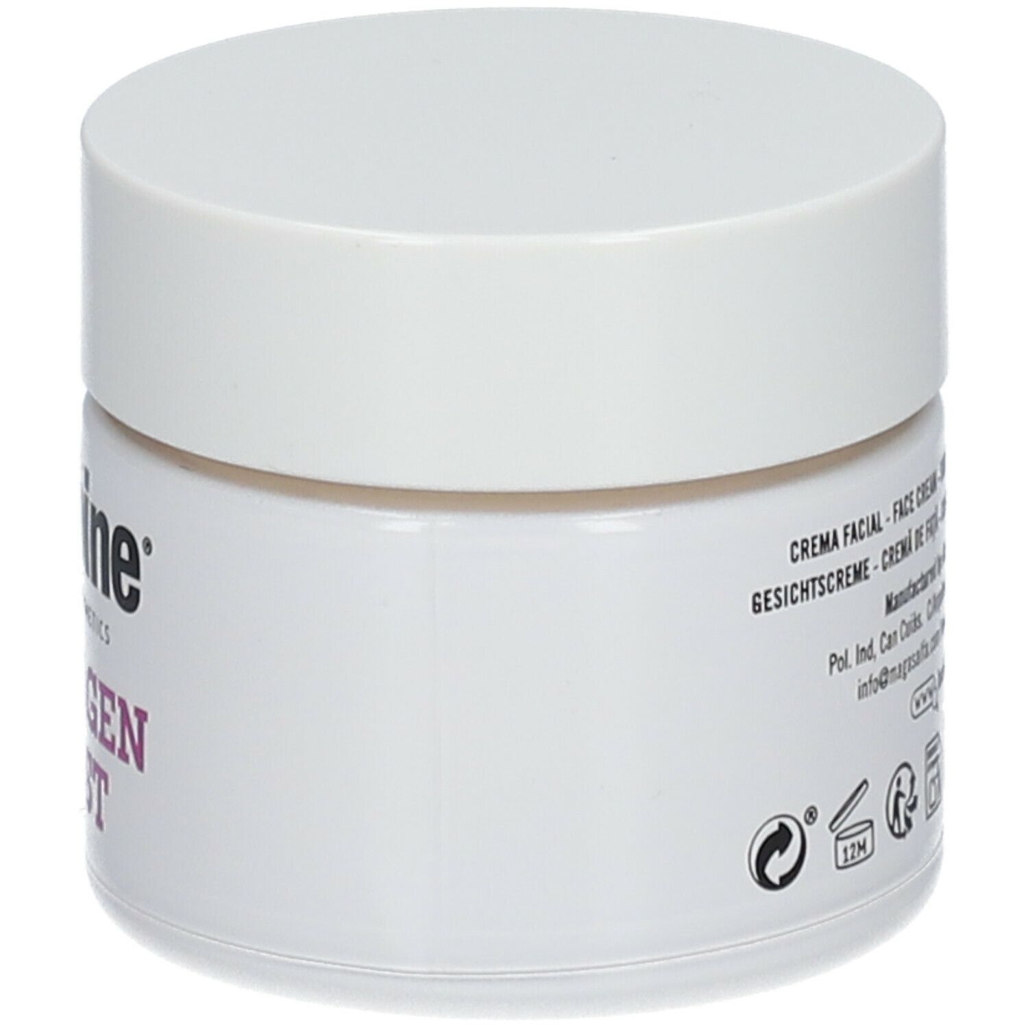 Weißes Tiegel mit Deckel. Aufschrift: laCabine, Collagen Boost. Seitliche Produktinformationen.