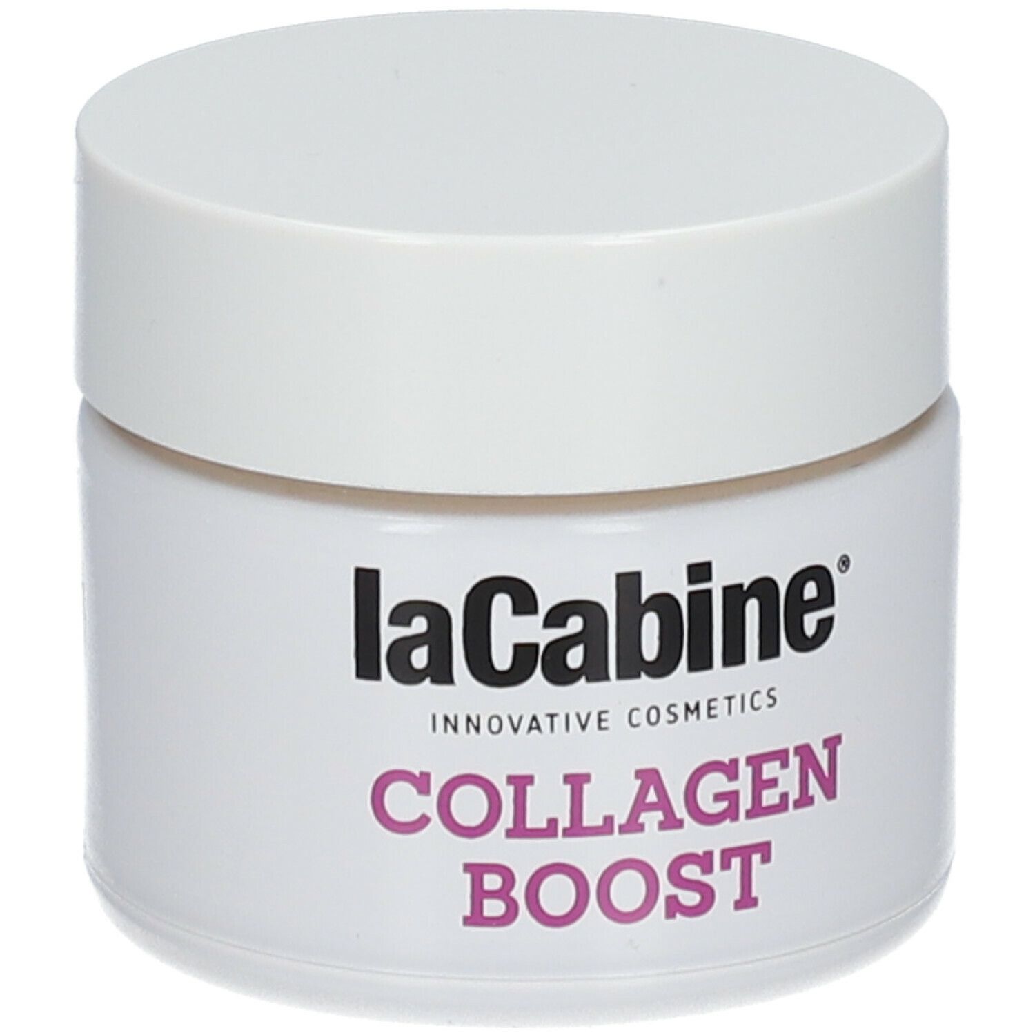 Weißes Tiegel mit Deckel. Aufschrift: laCabine, Collagen Boost. Rosa Schrift.
