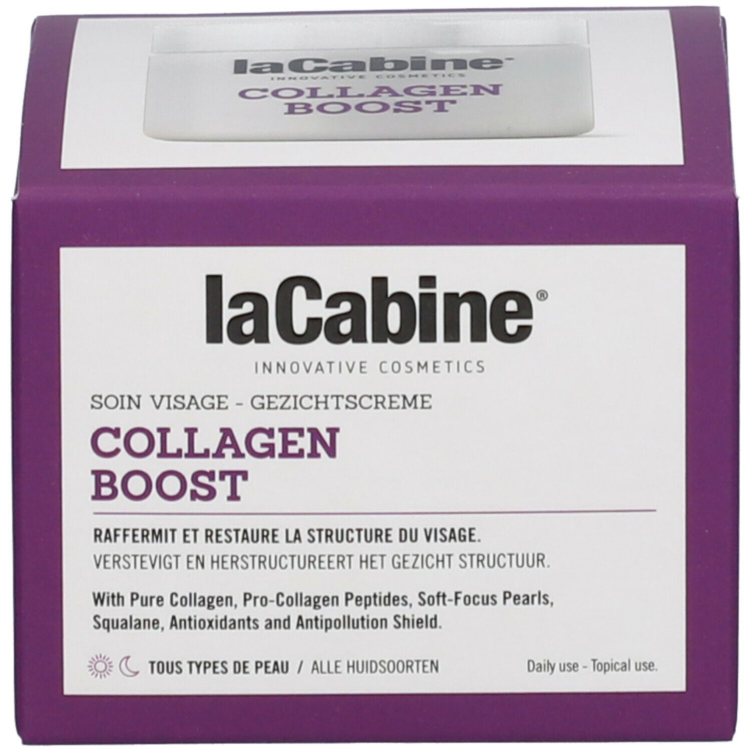 Lila Schachtel mit weißem Deckel. Aufschrift: laCabine, Collagen Boost. Produktinformationen.