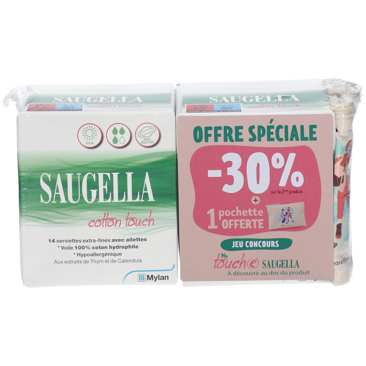 Emballage de serviettes Saugella. Deux boîtes, emballées dans du plastique. Le nom du produit, le logo et le message promotionnel sont clairement visibles.