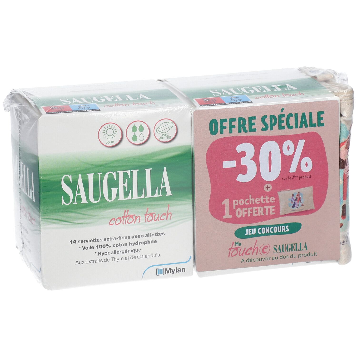 Emballage de serviettes Saugella. Deux boîtes, emballées dans du plastique. Le nom du produit, le logo et le message promotionnel sont clairement visibles.