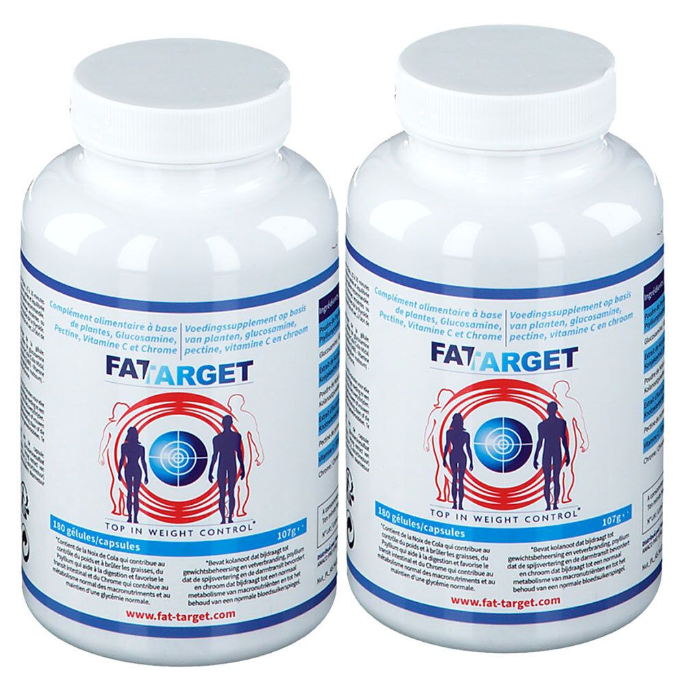Zwei weiße Flaschen mit "FAT TARGET"-Logo. Text: "180 gélules/capsules". Enthält Kapseln. Blauer und roter Farbakzent.