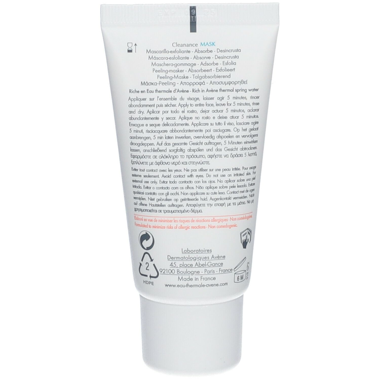 Dos du tube blanc. Contient du texte en plusieurs langues. Informations fabricant et logos.
