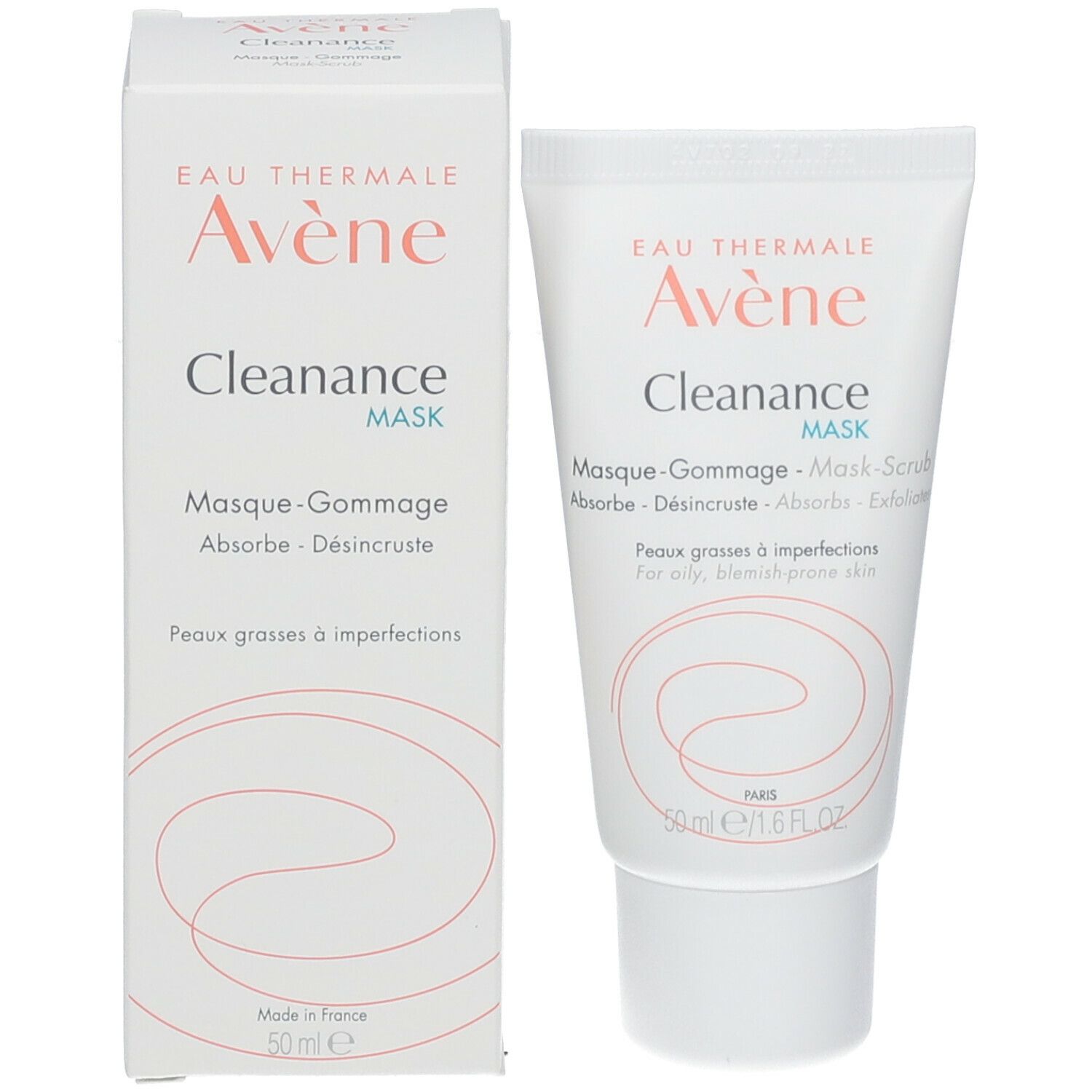 Emballage et tube du produit. Emballage blanc avec texte rouge. Contient Avène Cleanance Mask.