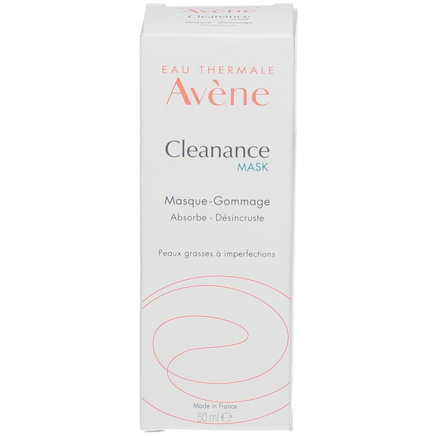 Emballage blanc avec texte rouge. Contient Avène Cleanance Mask. 50 ml. Pour peaux à imperfections.