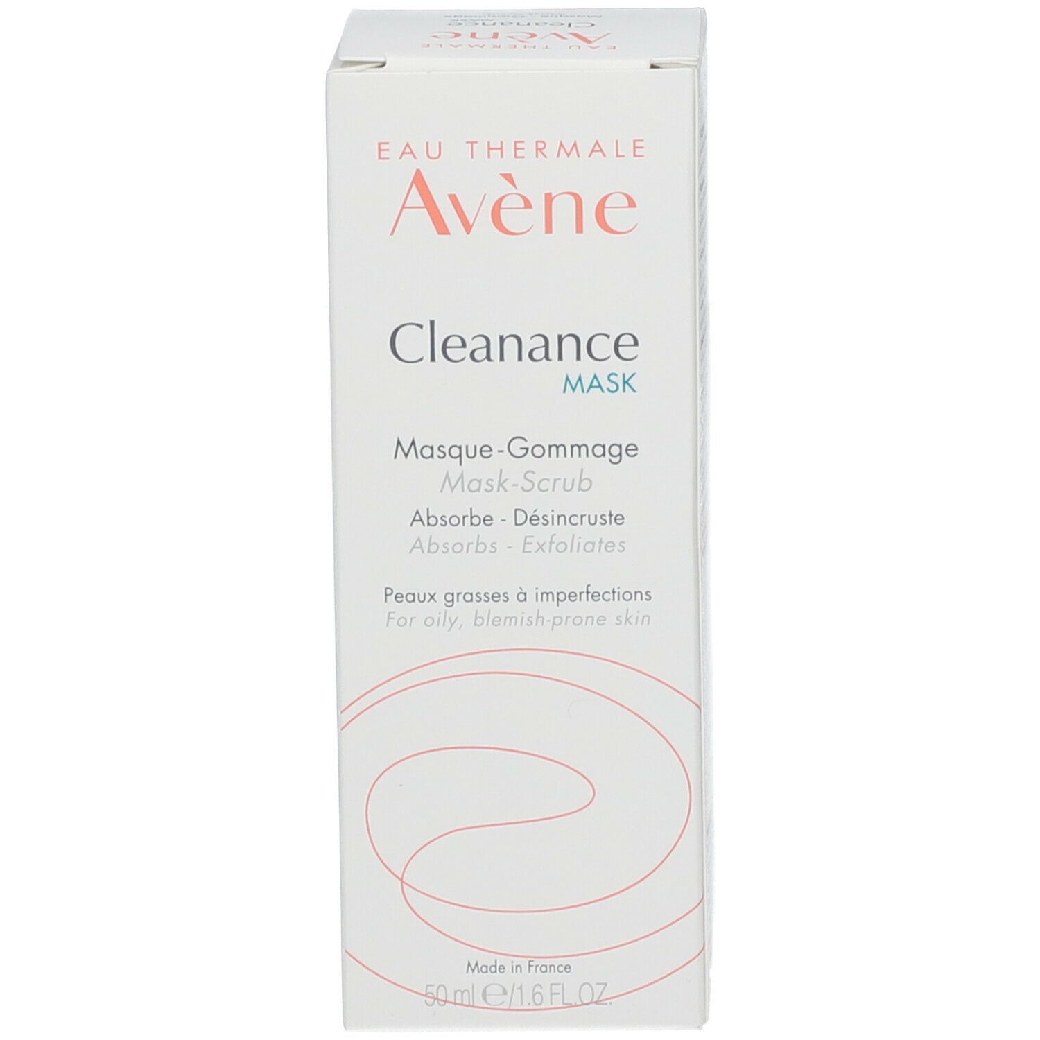 Emballage blanc avec texte rouge. Contient Avène Cleanance Mask. 50 ml. Pour peaux à imperfections.