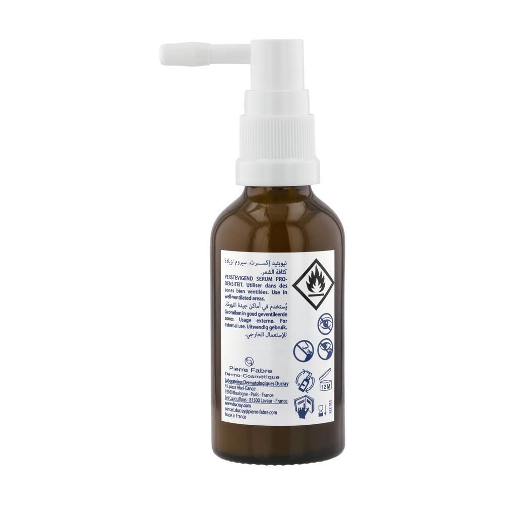 Achterkant bruine fles met productinfo en pictogrammen.