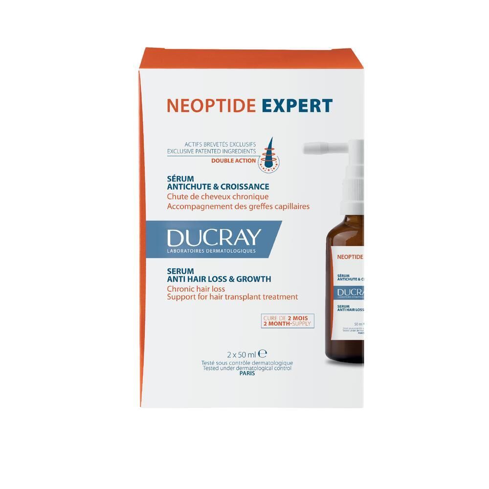 Verpakking met productafbeelding. Tekst: NEOPTIDE EXPERT, Serum tegen haaruitval & groei.