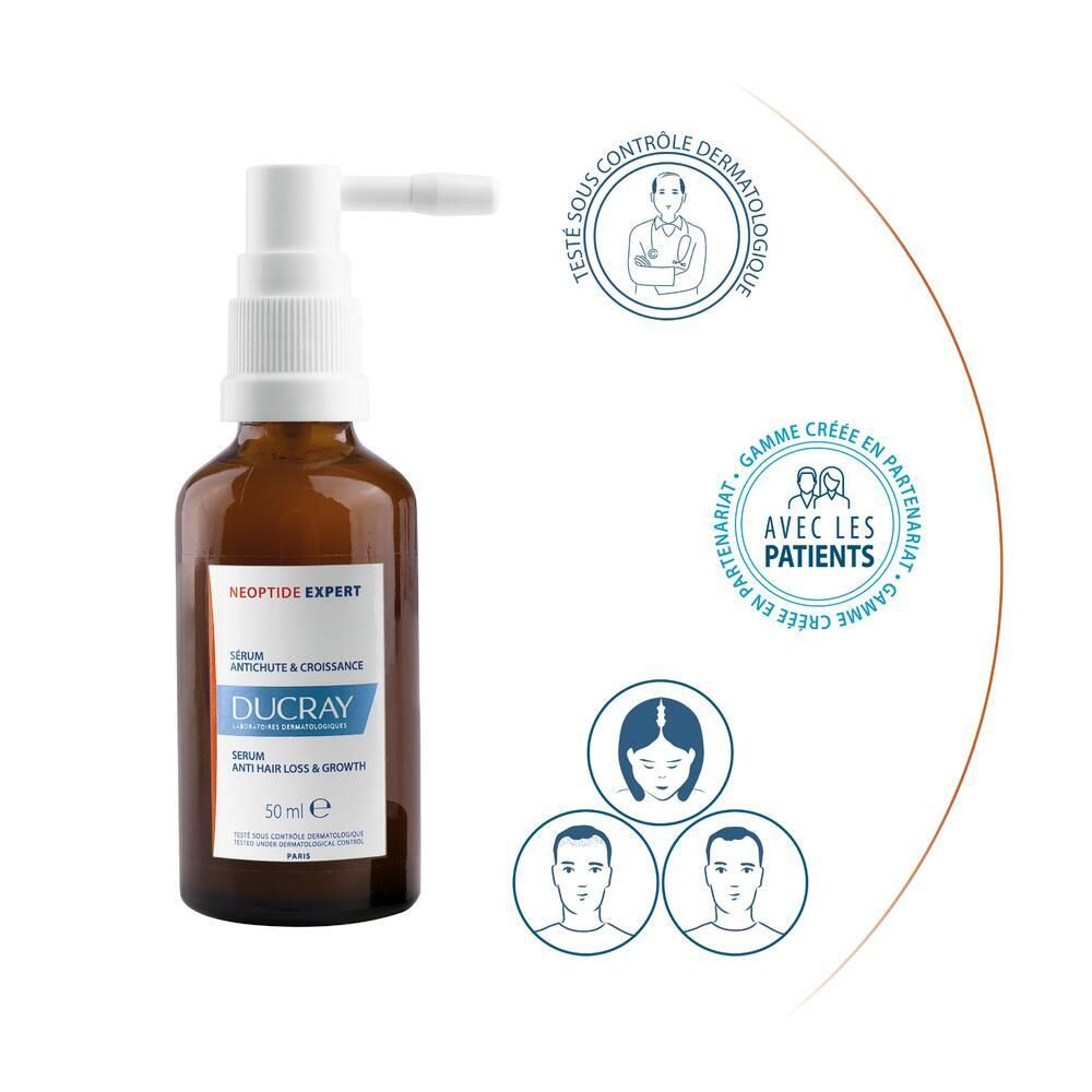 Fles met verstuiver. Tekst: NEOPTIDE EXPERT, Serum tegen haaruitval & groei. Logo's.