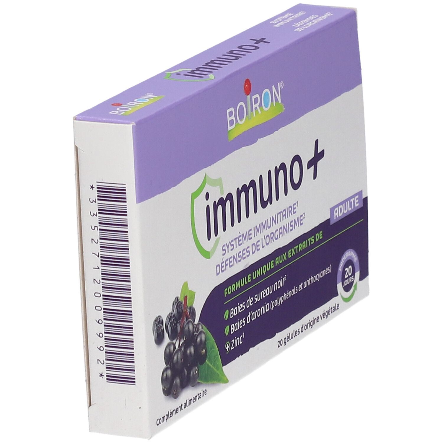 Boîte "immuno+" et logo BOIRON. Illustration de baies noires. Emballage violet et blanc. 20 gélules.