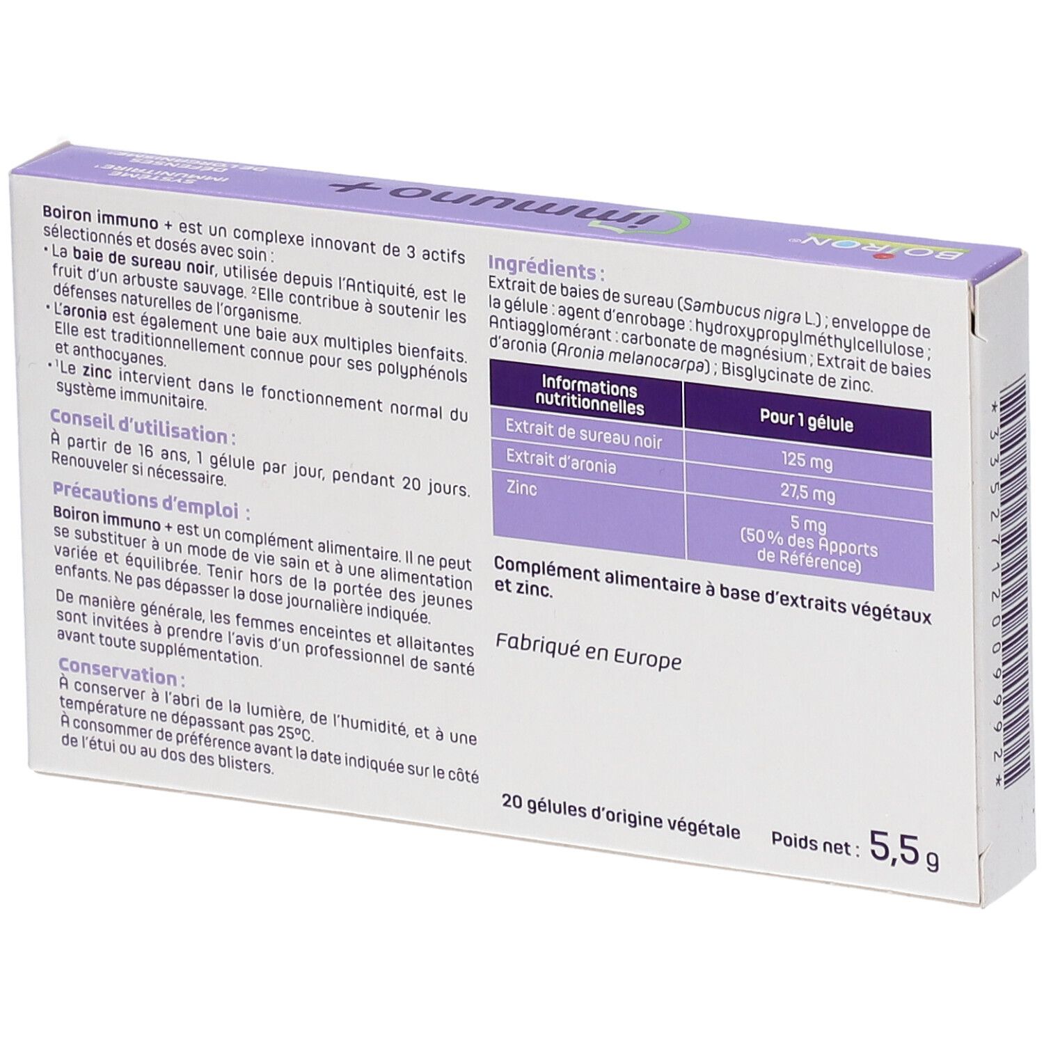 Dos de la boîte "immuno+". Ingrédients, informations nutritionnelles et fabricant. 20 gélules.