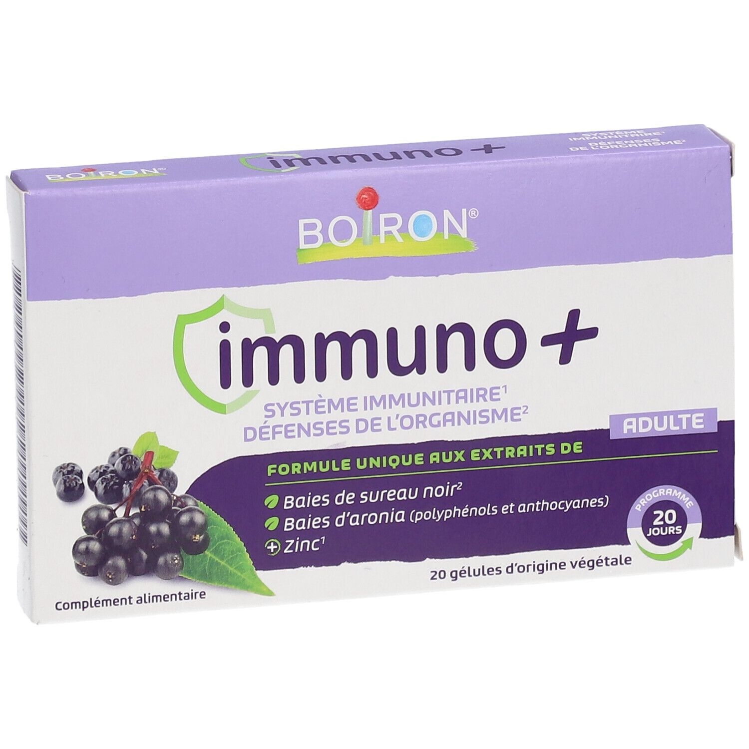 Face avant de la boîte "immuno+". Logo, nom du produit, illustration de baies. 20 gélules.