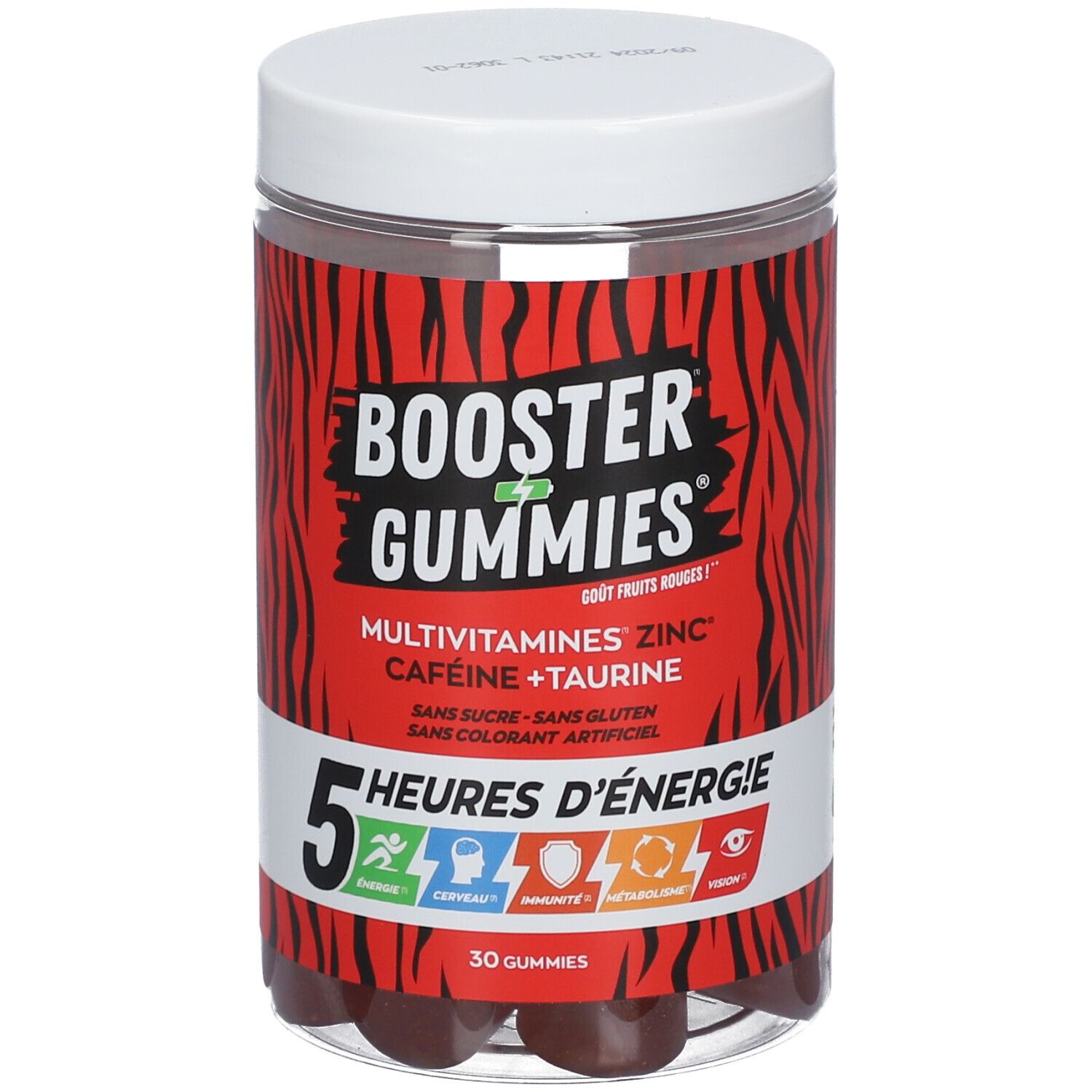 Pot transparent de gummies rouges. Inscription: Booster Gummies, multivitamines, zinc, caféine, taurine. 5 heures d'énergie.