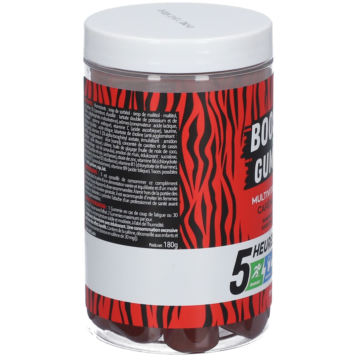 Pot transparent de gummies rouges. Inscription: Booster Gummies. Texte au dos. Couvercle blanc.