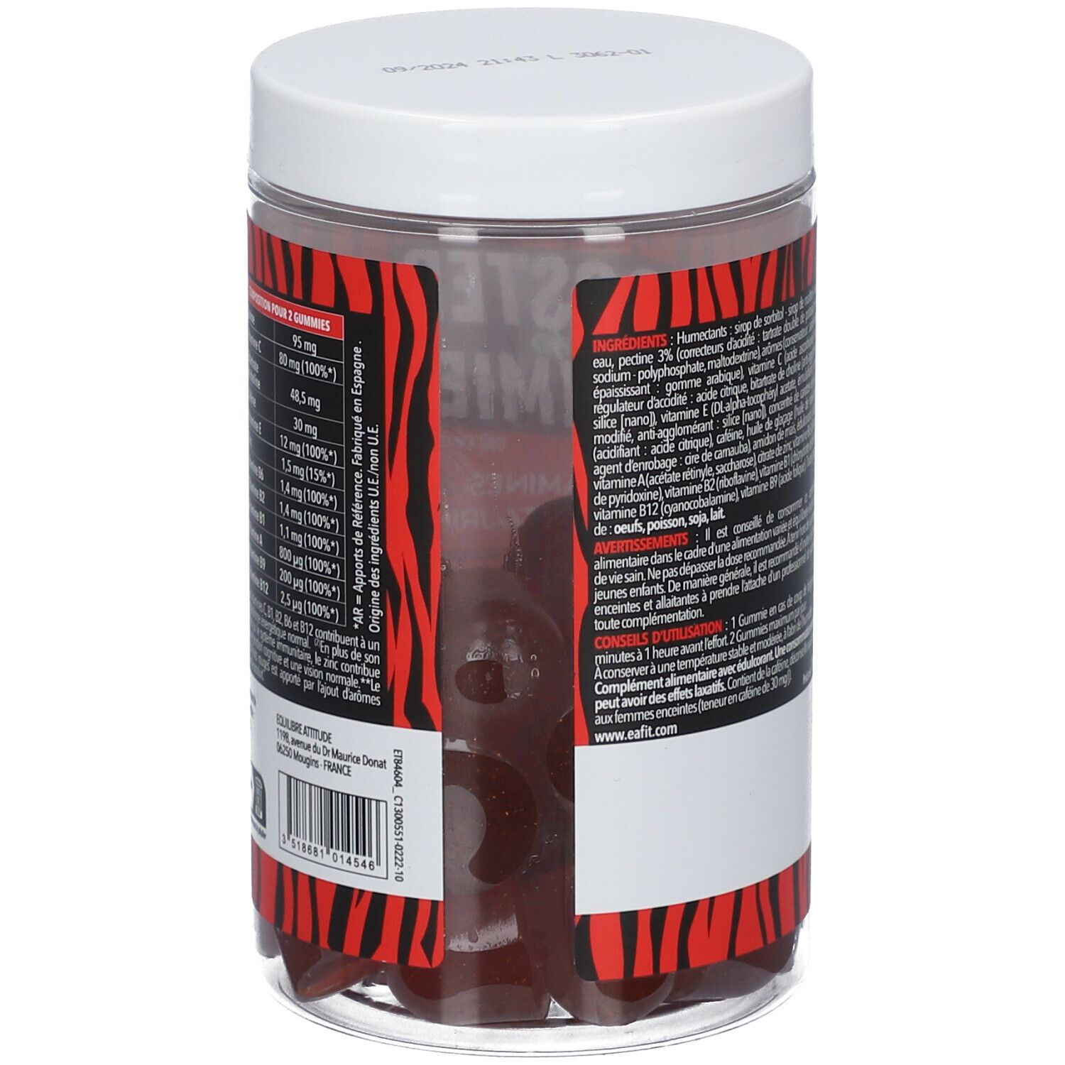 Pot transparent de gummies rouges. Dos avec texte. Couvercle blanc. Étiquette avec ingrédients et informations nutritionnelles.