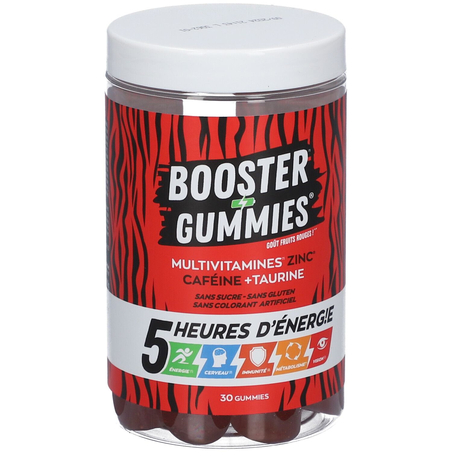Pot transparent de gummies rouges. Inscription: Booster Gummies, multivitamines, zinc, caféine, taurine. 5 heures d'énergie. 30 gummies.