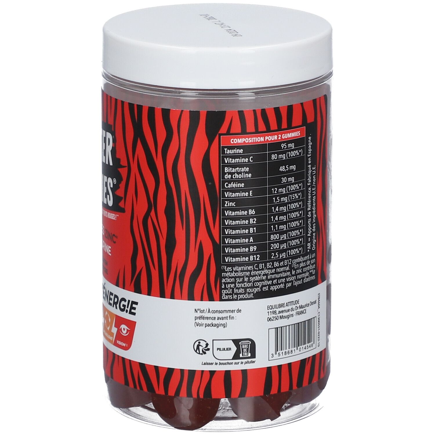 Pot transparent de gummies rouges. Inscription: Booster Gummies. Dos avec informations nutritionnelles. Couvercle blanc.