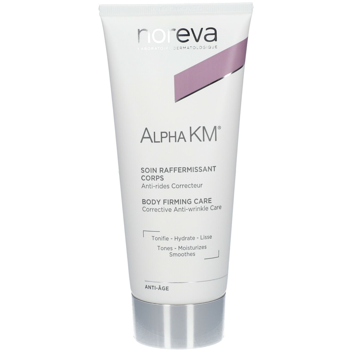 Weiße Tube mit lila Akzent. Aufschrift: Alpha KM, Body Firming Care. Marke: Noreva. Anti-Age.