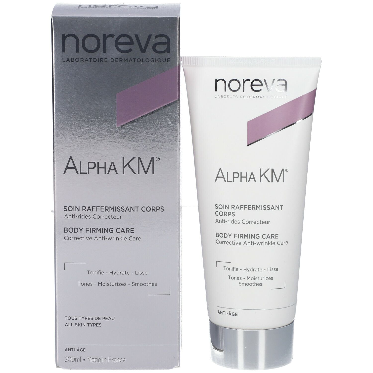 Produktverpackung. Tube und Schachtel. Aufschrift: Alpha KM, Body Firming Care. Marke: Noreva. Anti-Age.