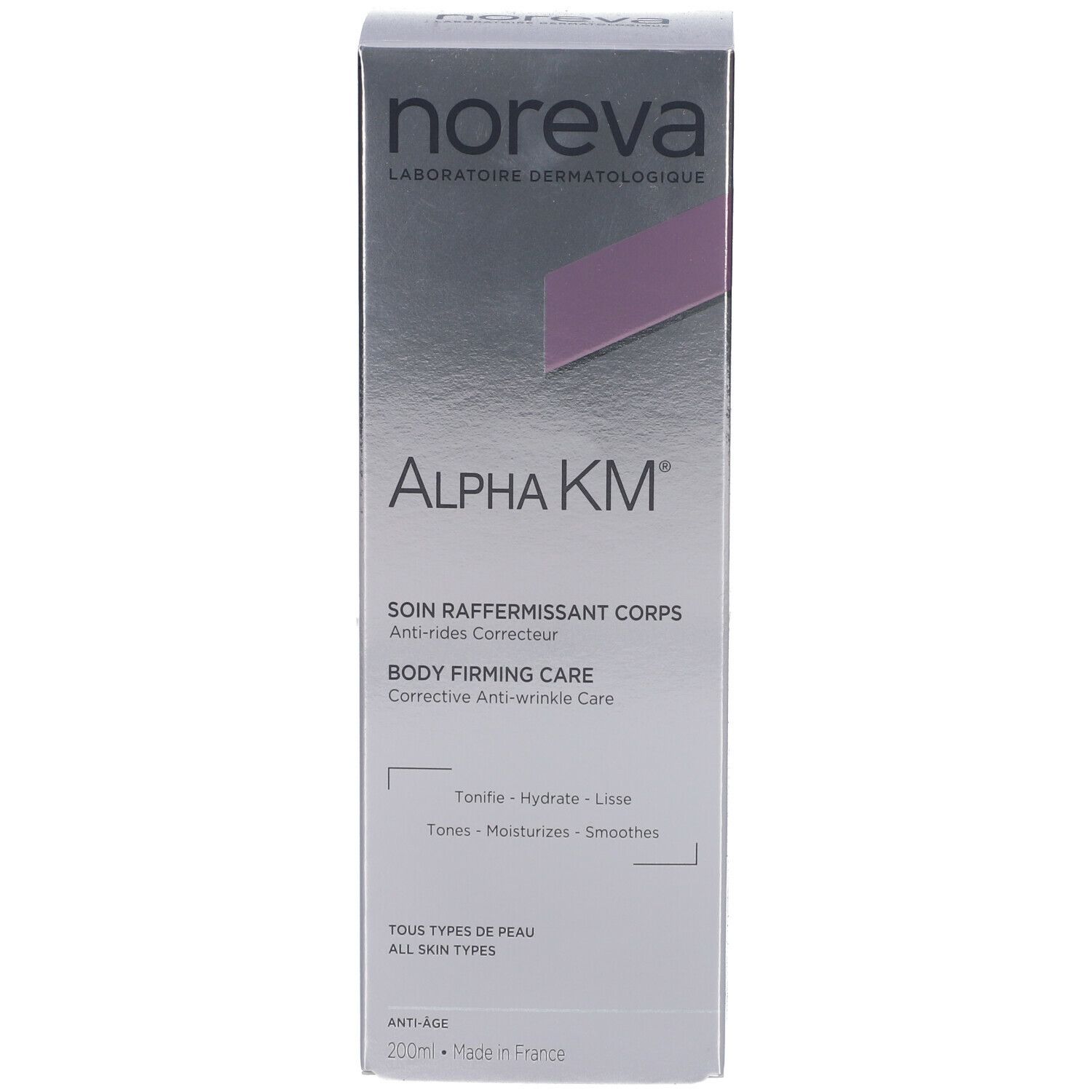 Produktverpackung. Schachtel mit Aufschrift: Alpha KM, Body Firming Care. Marke: Noreva. Anti-Age.