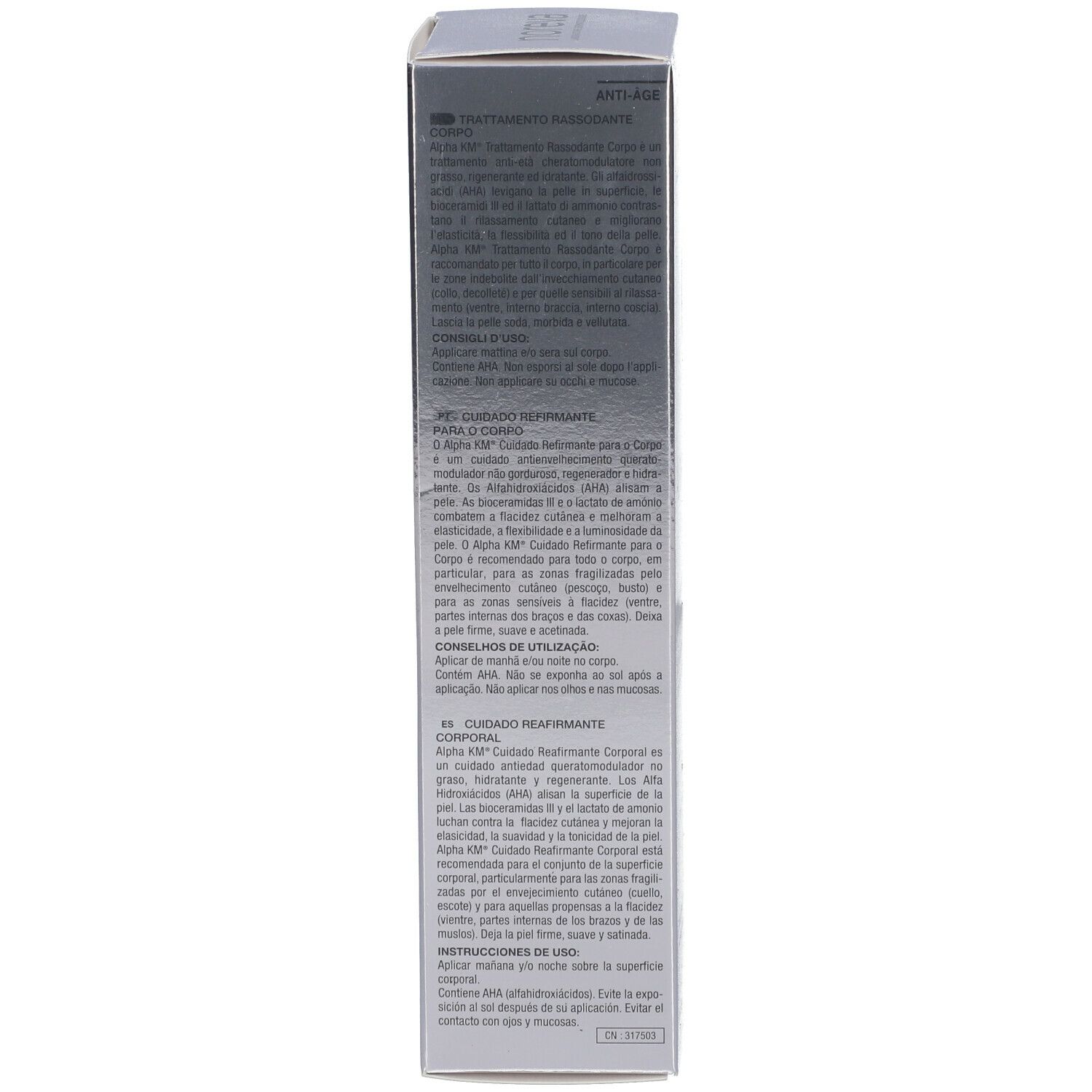 Seite der Schachtel. Text in mehreren Sprachen. Marke: Noreva. Anti-Age.