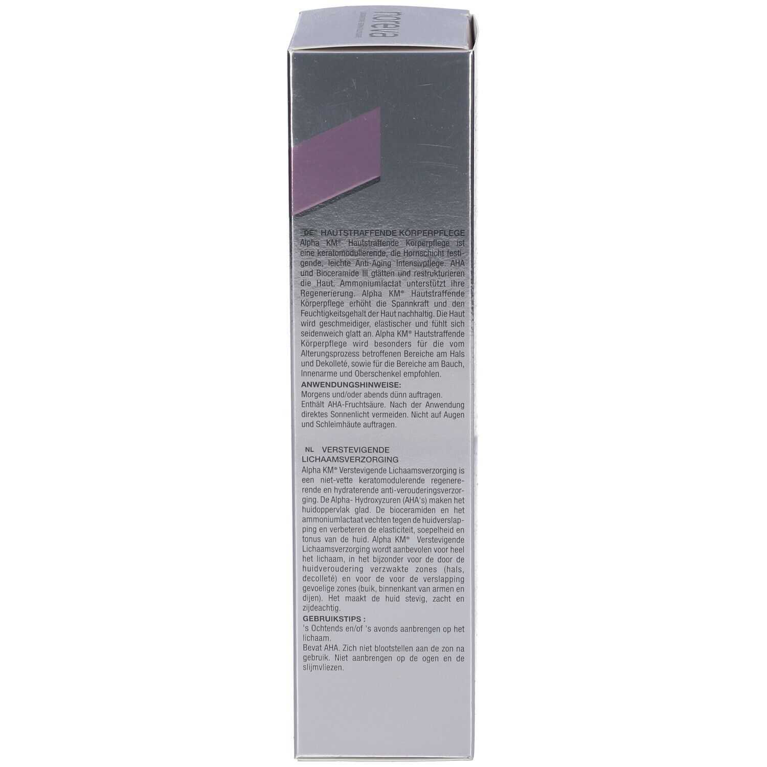 Seite der Schachtel. Text in mehreren Sprachen. Marke: Noreva. Anti-Age. Gebrauchsanweisung.